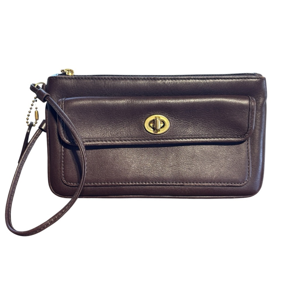 Never used Coach Brown Leather Wristlet Clutch with Gold Turlock
